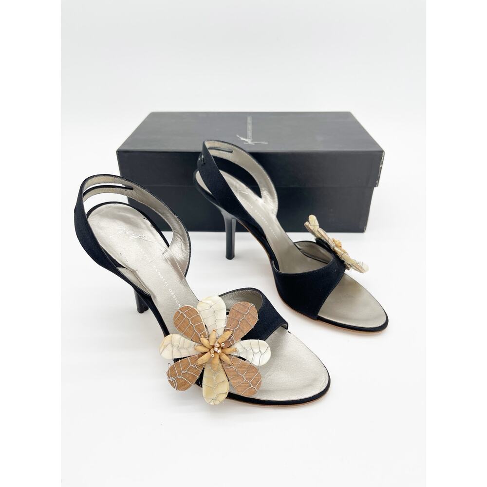 Giuseppe Zanotti Vicini Vintage Black Satin Floral Applique Heels Sandals IT 36